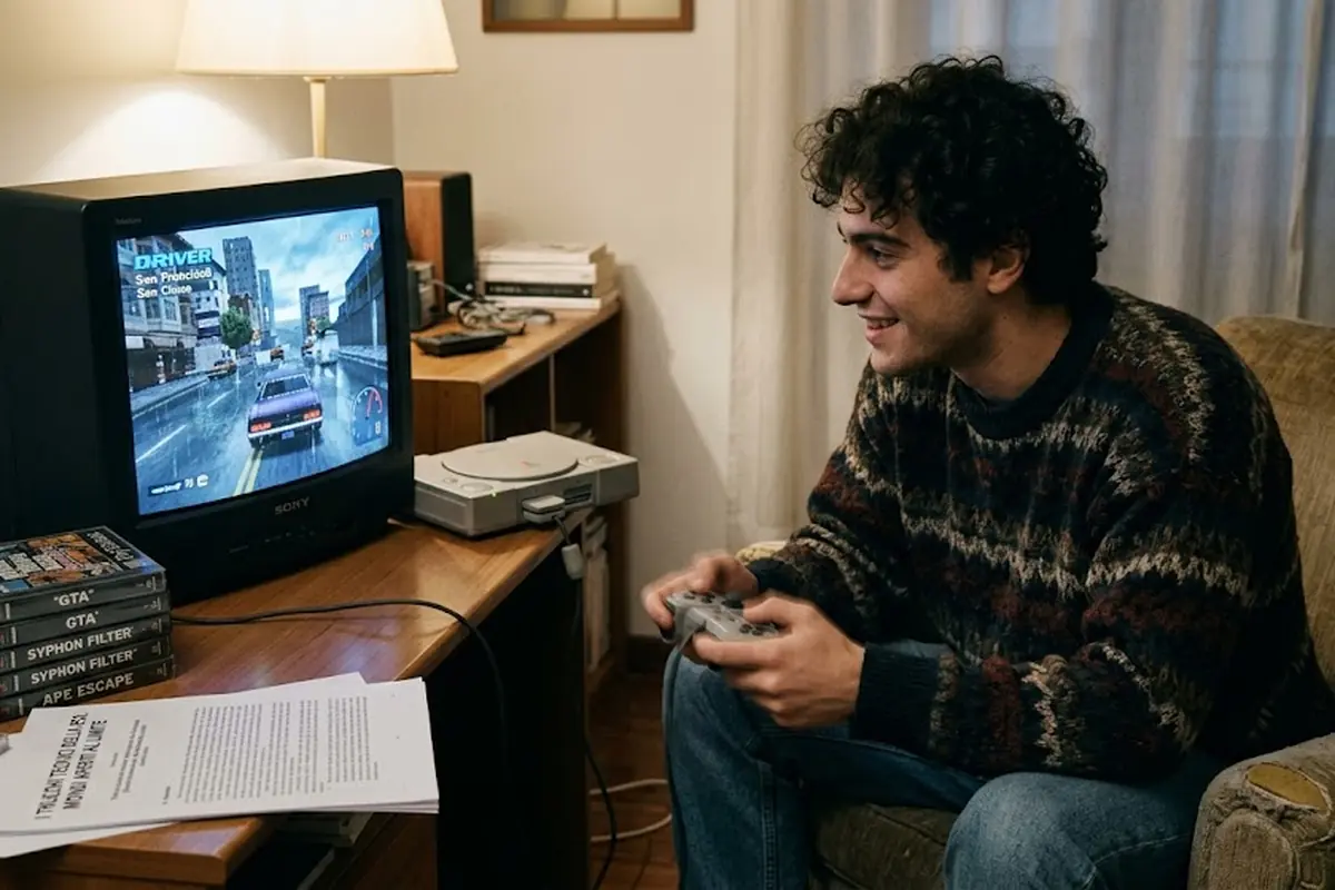 Un ragazzo seduto in poltrona gioca a Driver su una PlayStation 1 originale collegata a un televisore CRT anni '90
